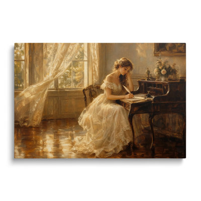 Reproduction sur toile d'une peinture représentant une femme écrivant à un bureau ancien - 30 x 45 cm
