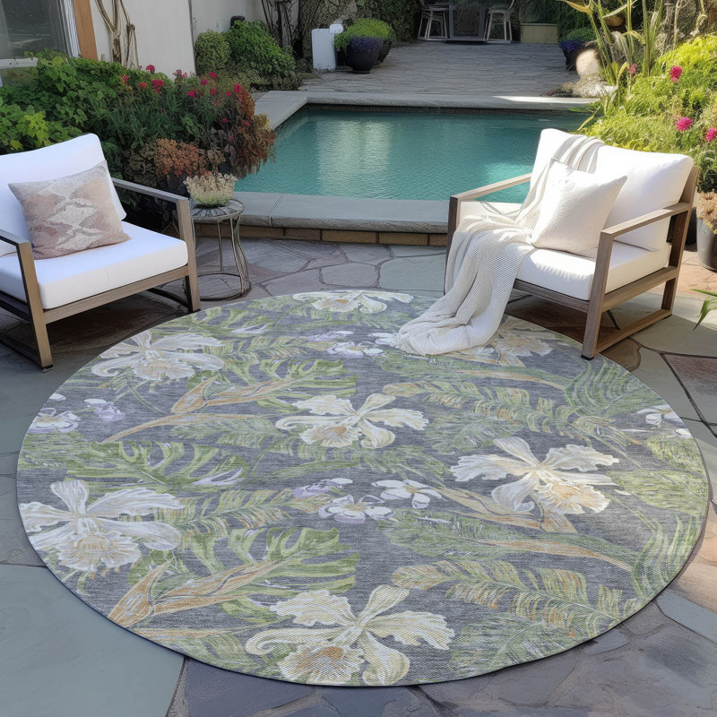 Machine Washable Indoor/Outdoor Cinead ACN1708 Gray Rug, Round 8'