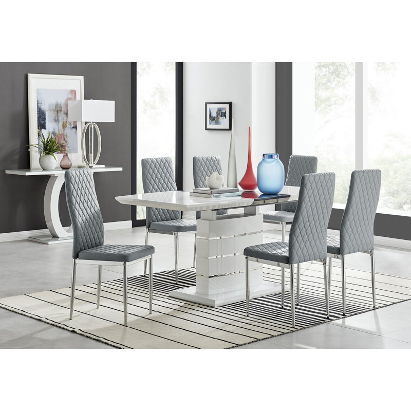 Eubanks 120Cm High Gloss Extending Dining Table And 6 White Chairs, Grey/Silver