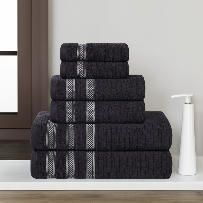 Ilseruth Zero Twist Cotton Ribbed Modern Geometric Border Soft 6 Piece Bathroom Towel Set, Black