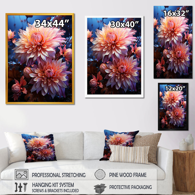 Rose et bleu, floraison de chrysanthèmes, art mural - Chrysanthèmes, Cadre photo noir simple, H 44 po x l 34 po x P 1,5 po