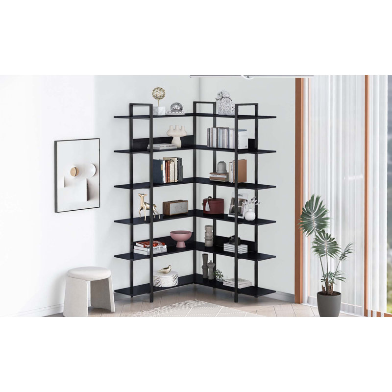 Bibliothèque à 6 niveaux avec tablettes en panneau de fibres à densité moyenne et tablettes en L en acier inoxydable avec repose-pieds réglables