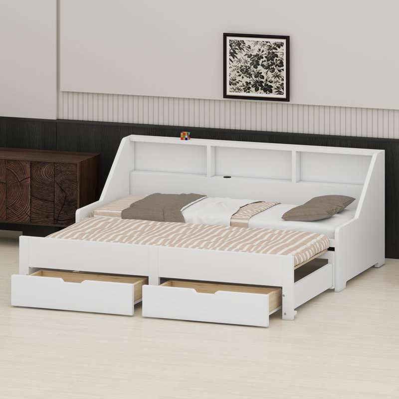 Daybed Frame Featuring Built-in Storage Pull-Out Drawers, White
