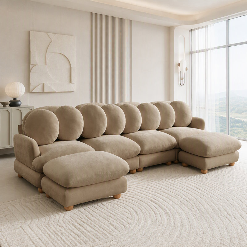 Canapé modulaire modulaire avec revêtement en chenille et repose-pieds mobile, Chenille brun clair