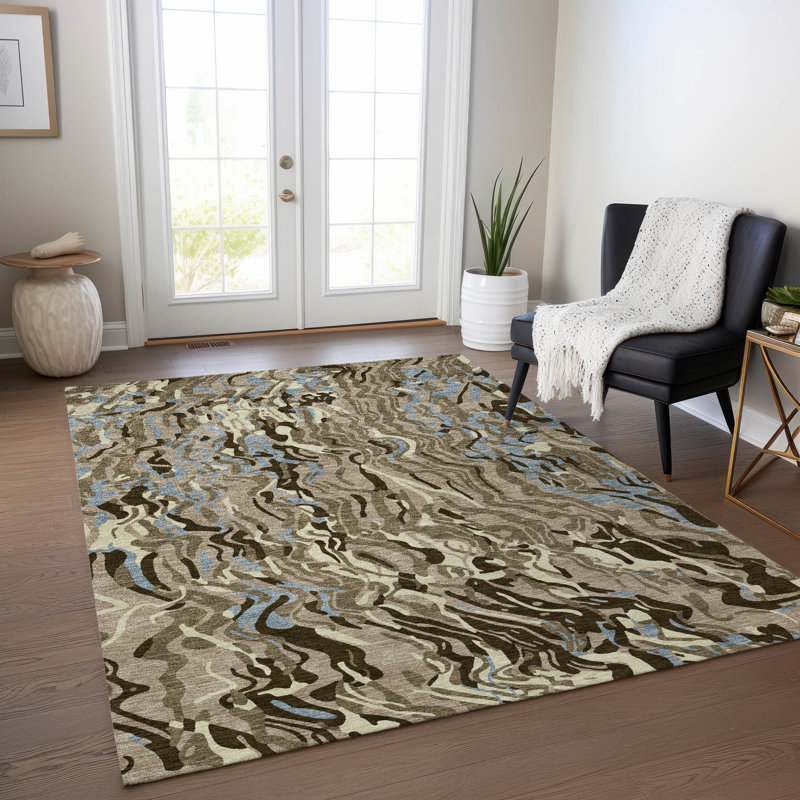 Taupe and Blue Synthetic Washable Non-slip Rectangular Rug