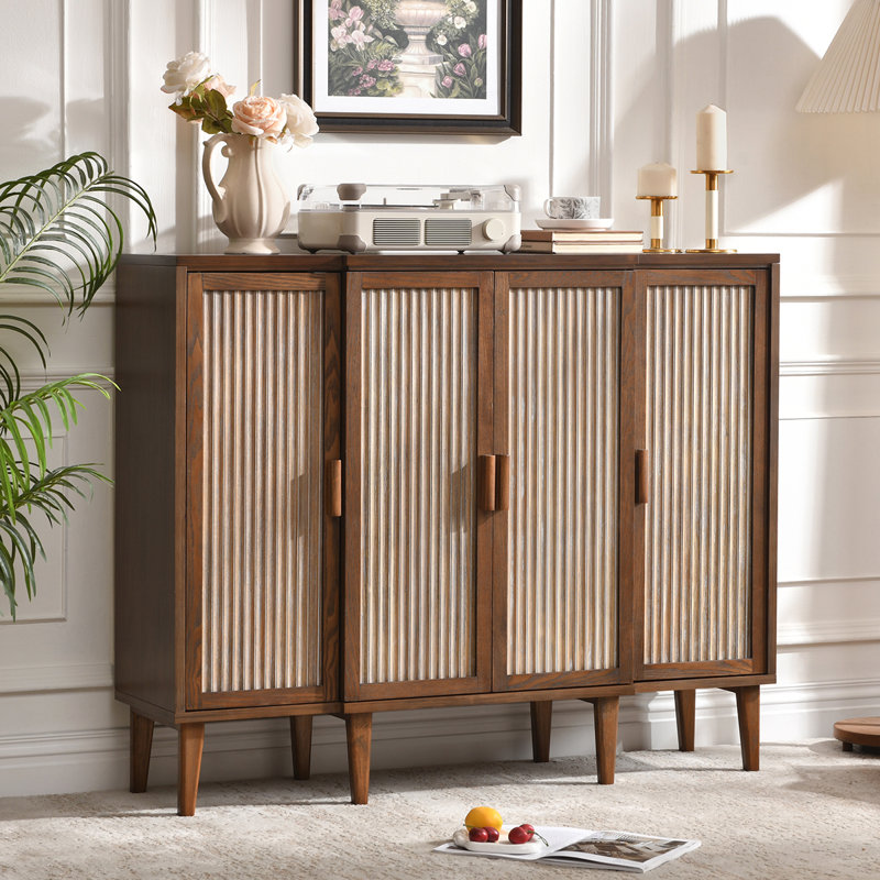 Armoire de rangement décorative 4 portes avec tablettes réglables, portes à panneau cannelé, style Mid-Century moderne