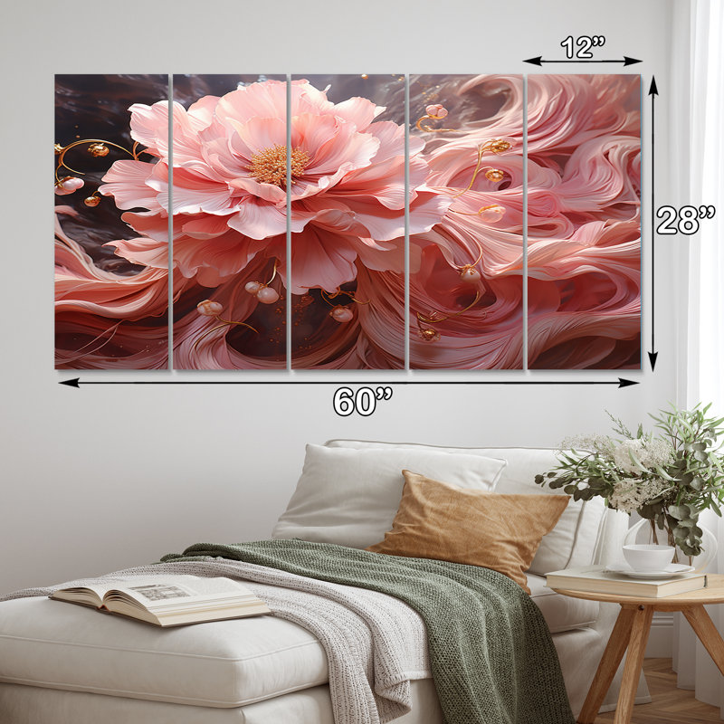 Art liquide sur toile liquide rose clair - formes abstraites sur toile - 5 panneaux égaux