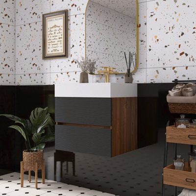 Meuble-lavabo en noyer avec lavabo à surface solide blanc brillant