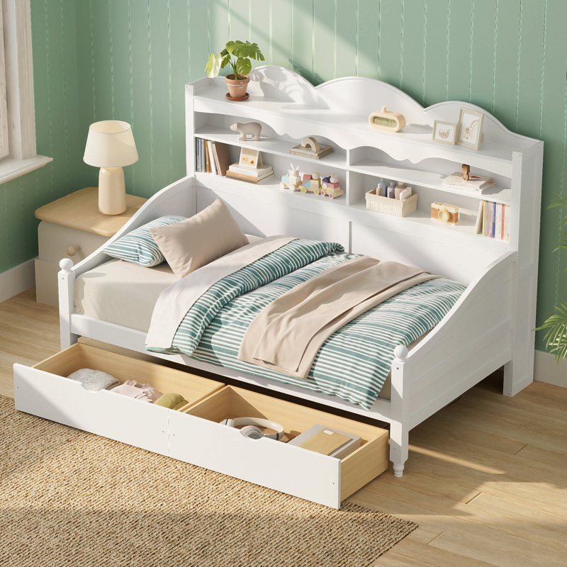 Twin Daybed With Storage Drawers, Wooden Twin Day Bed With Storage Headboard Shelving, Retro Style Daybed For Bedroom,Living Room,Guest Room