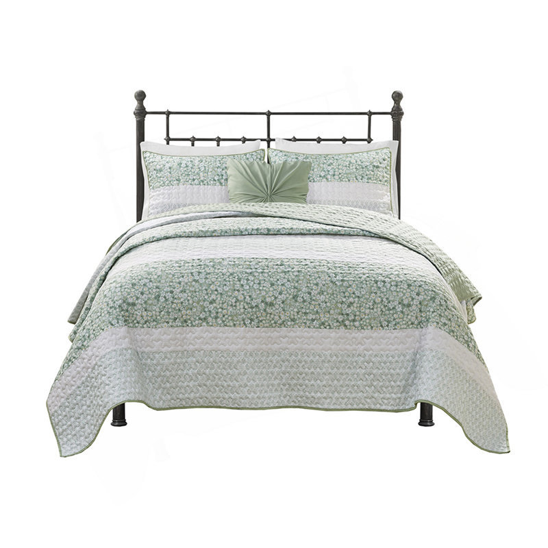 Ensemble de courtepointe double / grand 4 pièces avec coussin décoratif, Rayures vertes