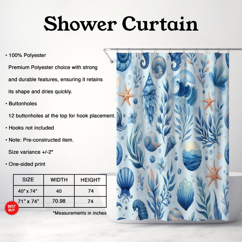 Rideau de douche standard 1 pièce Dantuono Blue Tide, H 74 po x l 71 po