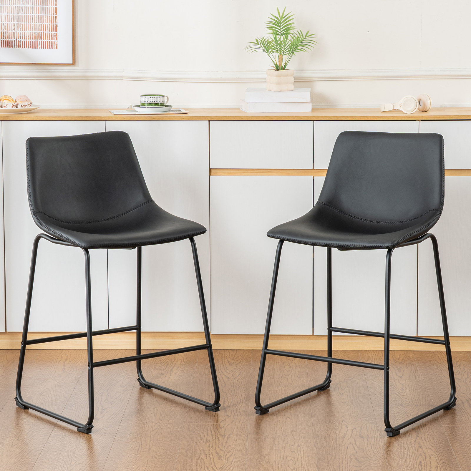 Anke Vegan Leather Armless, Black, Counter Stool (24” Seat Height)