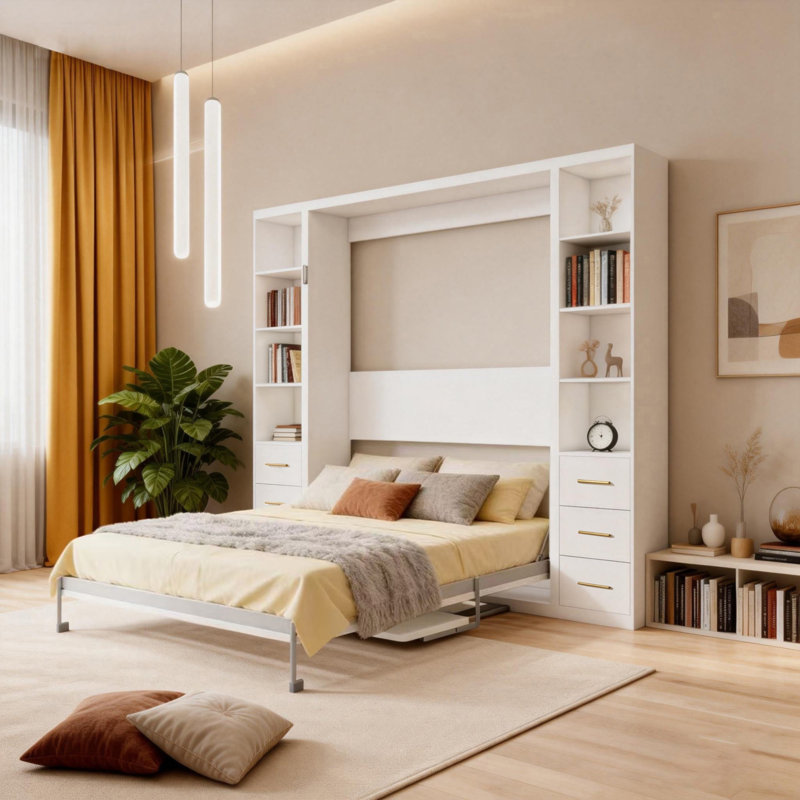 Lit escamotable bureau avec armoires de rangement latérales, grand lit mural pliable pour salle d'étude, chambre à coucher