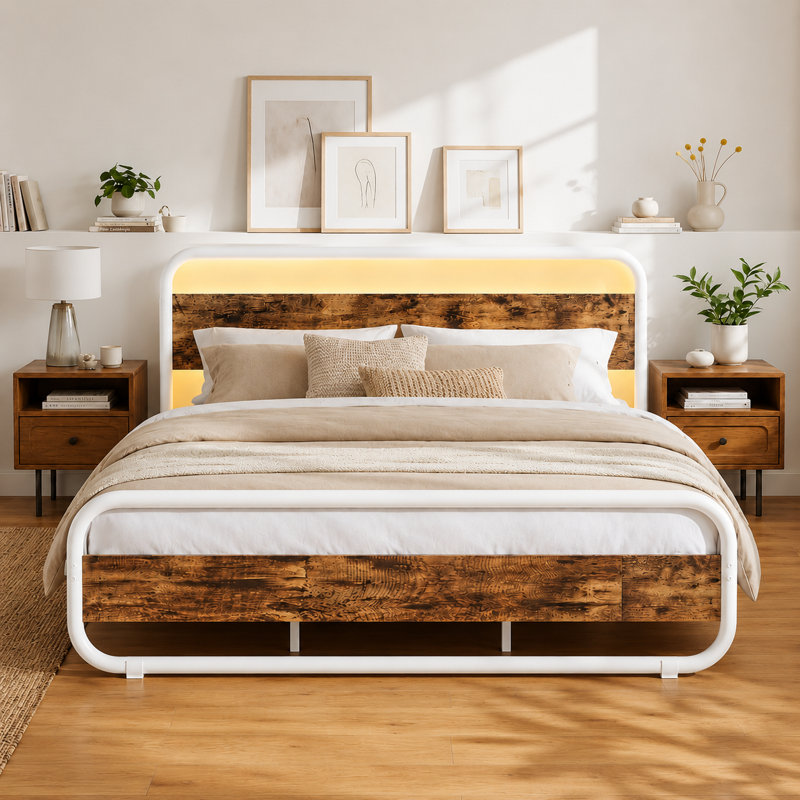 Metal  Bed Frame with LED Headboard and Footboard, Rustic Industrial Heavy Duty Wooden Platform Bed Frame with Under Bed Storage, Noise Free, No Box Spring Needed
