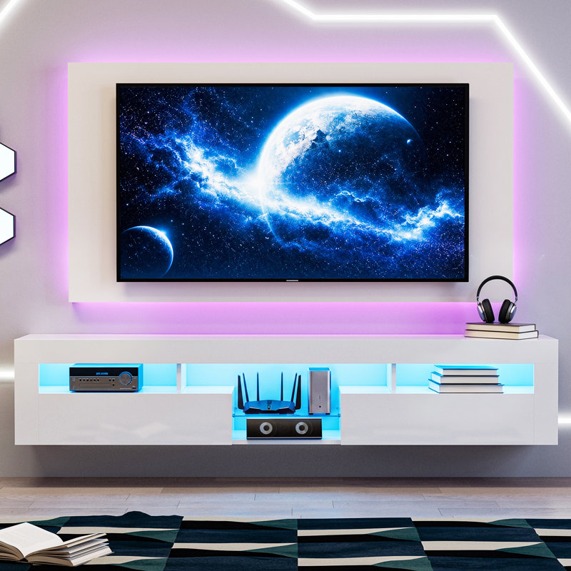 Meuble télé mural suspendu DEL laqué brillant avec 2 placards et une étagère en verre, compatible avec les téléviseurs de 55 po à 85 po et plus, idéal pour le salon ou la chambre, montage facile, blanc.
