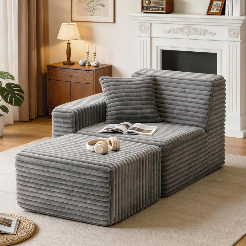 Chaise longue en flanelle de fourrure de lapin rembourrée 2 pièces 2 pièces sans assemblage requis, Gris, Orienté à droite