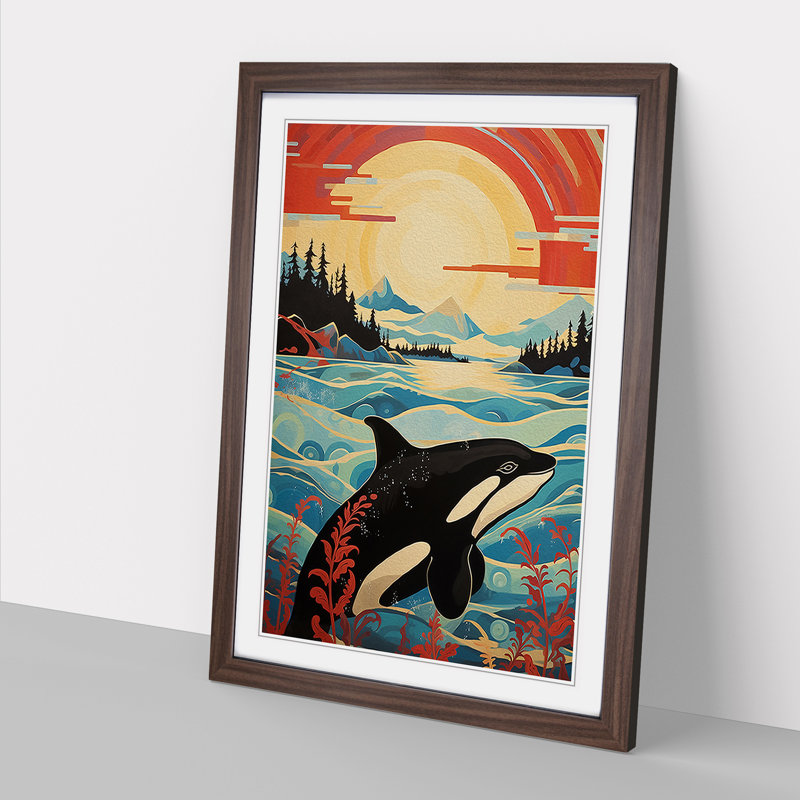 Orca Whale Modern - Single Picture Frame Print on Wood, 34cm H x 25cm W x 2cm D, Walnut