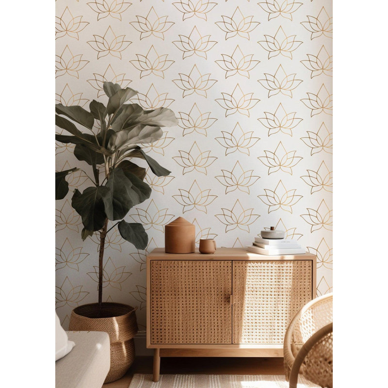 Lotus Lines 10' L x 24" W Wallpaper Roll, Golden Taupe, Faux Grasscloth, Non-pasted