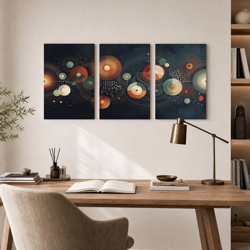 Ensemble de 3 tableaux sur toile représentant des cercles géométriques abstraits orange et turquoise, 24"H x 16"W x 3pcs