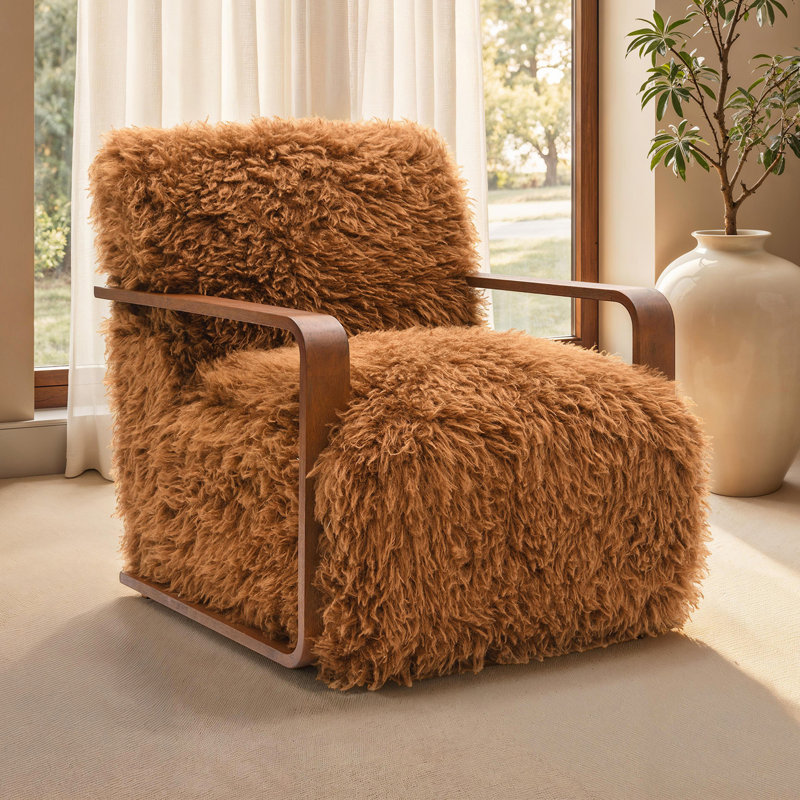 1 pièce Chaise d'appoint longue en fausse fourrure douce d'inspiration rétro avec accoudoirs courbés en bois siège et dossier principaux