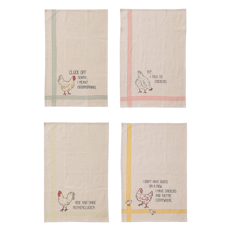 Cotton And Linen Printed Tea Towel Set With Chicken And Saying Motif