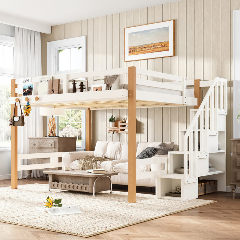 Full Wood Loft Bed with Storage Shelves & Clothes Hook, Space-Saving Kids Bed Frame with Under-Bed Room, Beige & Natural