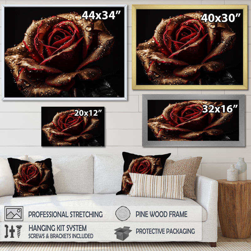 Morning Dew On Exquiste Red Rose - Art mural rose, Toile tendue, H 34 po x l 44 po x P 1,5 po
