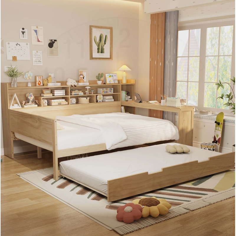 Lit de jour en bois avec tablettes de rangement, lit multifonctionnel avec lit gigogne et bureau , Complet/Double, Naturel