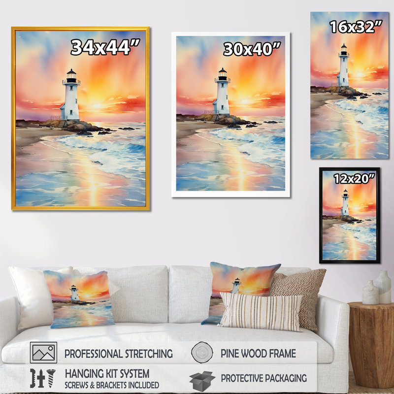 Coucher de soleil sur la plage, phare et sérénité - art mural plage, Cadre flottant doré, H 40 po x l 30 po x P 1,5 po