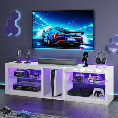 63" Glossy LED TV Stand for 70" TVs, Modern Gaming Center with Built-In Outlet & Adjustable Glass Shelves, versatle TV Console for Living Room or Bedr