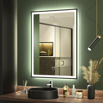 LED Black Framed Bathroom Vanity Mirror, Illuminated Dimmable Anti Fog Makeup Mirror, 3 Color Light