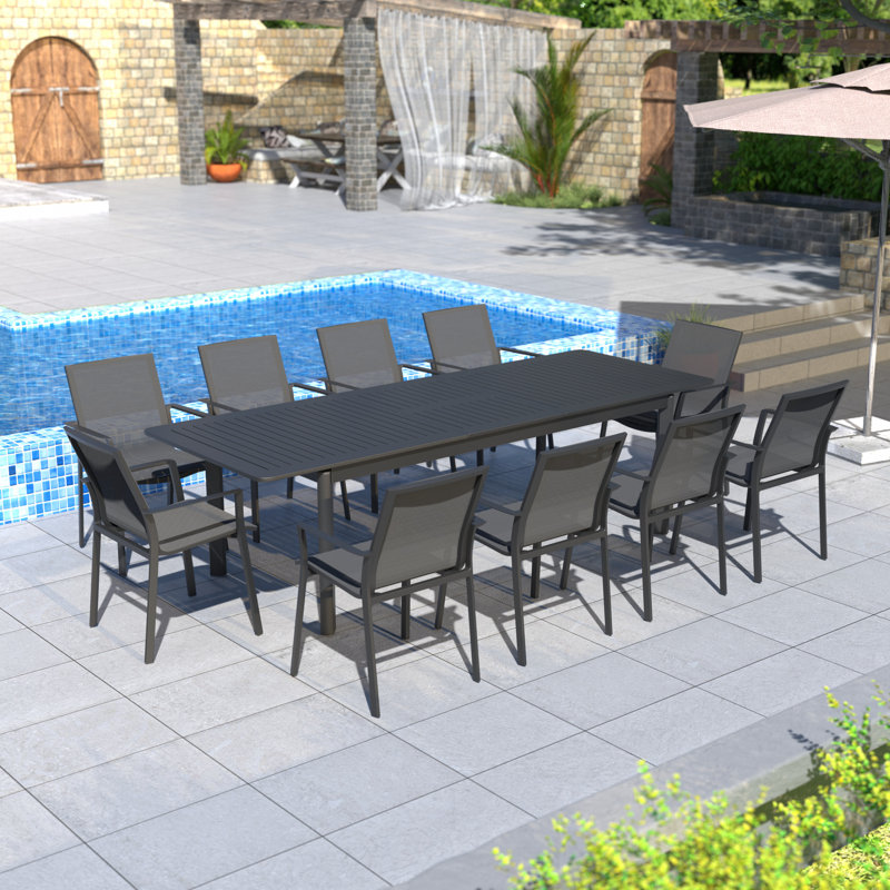 Rectangular 10-Person Extendable Aluminum Outdoor Dining Set, 	Charcoal