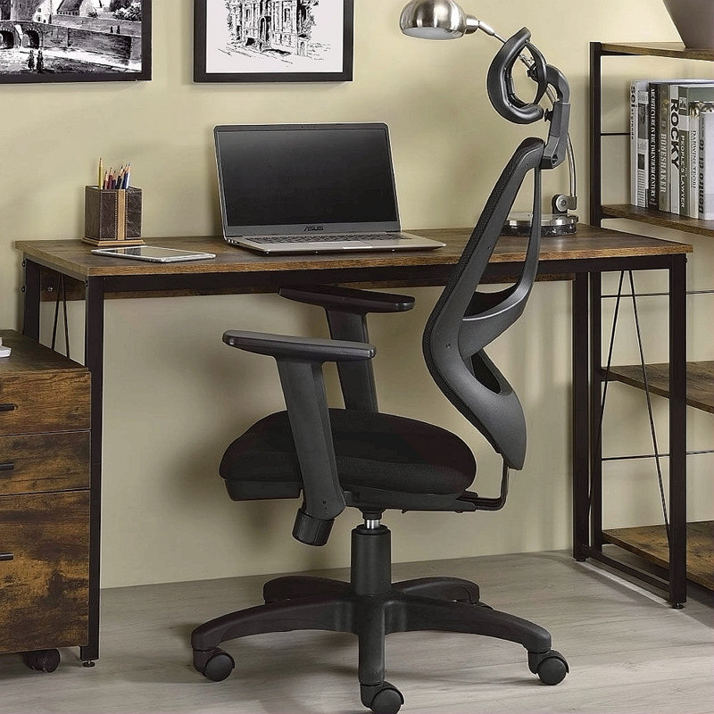Bureau d'écriture rectangulaire avec base en métal, chêne vieilli et noir, Brun