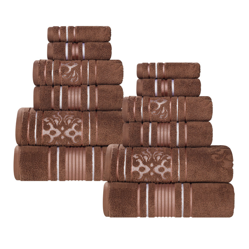 Ensemble de serviettes en coton uni et jacquard Sadie Zero Twist, Ensemble de serviettes - 12 pièces, À rayures, Chocolat