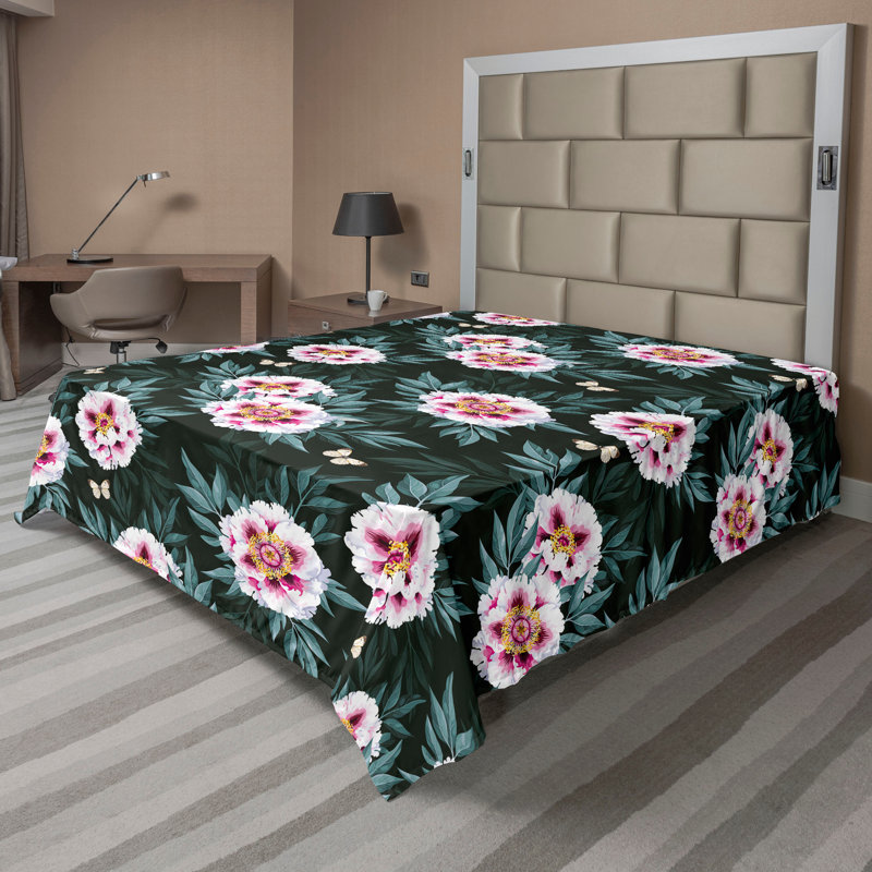 Ambesonne Flowers Flat Sheet Nostalgia Farmhouse, Soft Pink and Grey Teal