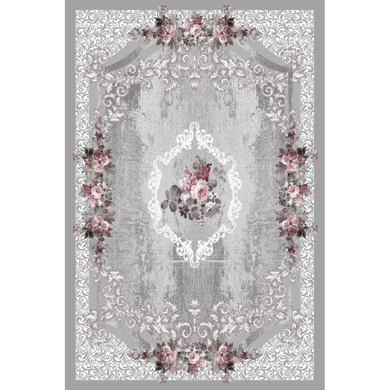 Tapis oriental gris en polyester tissé à plat à la machine Ayon, Rectangle 2 pi 7 po x 3 pi 11 po