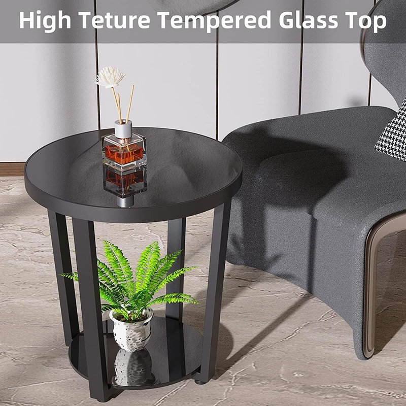 Table de bout en verre trempé - Petite table basse à cadre en métal noir pour le salon, le balcon ou la chambre à coucher