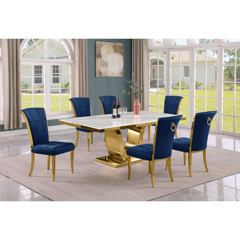 Horrace Marble Top Pedestal Dining Set, 7, Black/Gold
