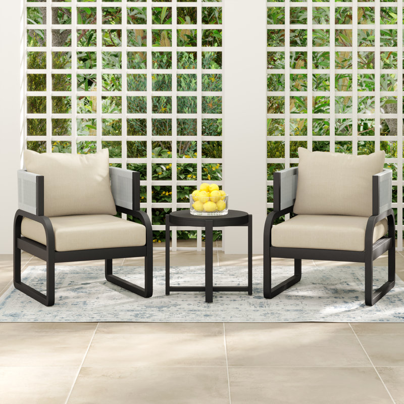Rana 2 - Person Outdoor Seating Group with Cushions, Matt Black Frame/Canvas Flax Sunbrella Cushion