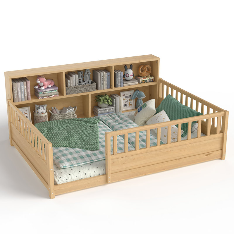 Full Size Wooden Floor Bed With Extra-High Safety Guardrails, Side Storage Decorative Function, Gold, Full