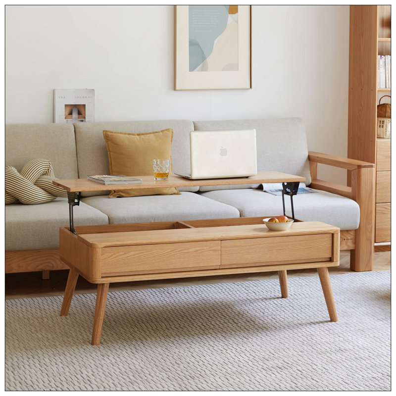 Table basse surélevée Table basse 100% bois de chêne massif Plateau en bois massif de couleur naturelle avec tablette de rangement