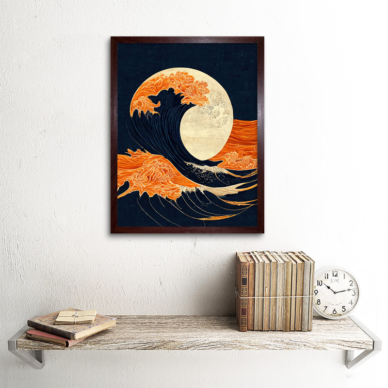 Great Wave Full Moon Modern Japanese 1 Piece Wall Art, 43cm H x 33cm W x 2cm D, Brown Framed Paper