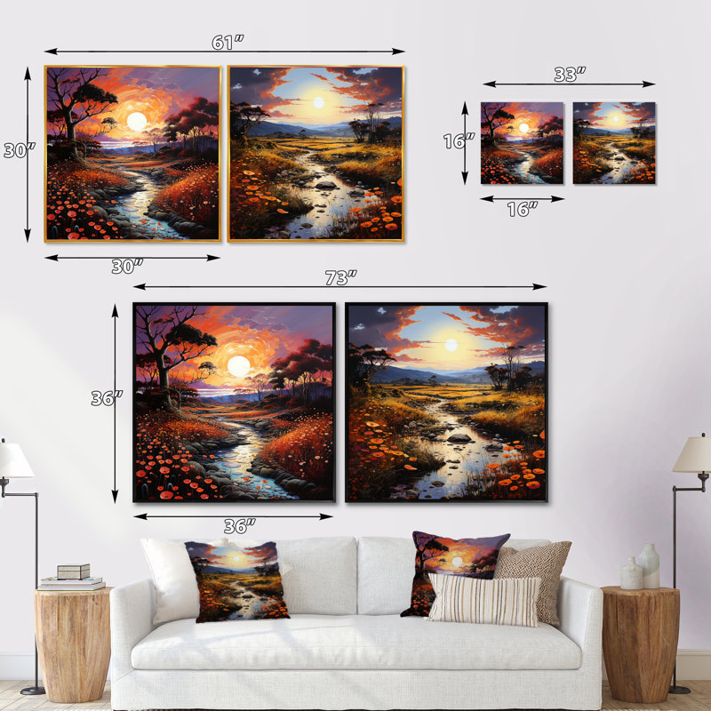 «Neo Expressionism Harmony Of River», 2 pièces, Cadre flottant doré, H 36 po x l 73 po