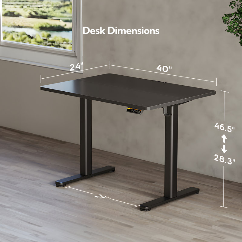 Bureau debout électrique à hauteur ajustable avec crochets, Noir / Noir, H 46,5 po x l 40 po x P 24 po