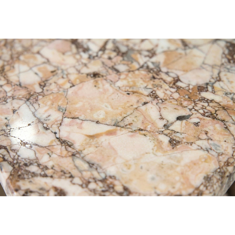 Table d'appoint en marbre rose naturel, variations de couleurs terreuses et forme hexagonale, convient aux espaces restreints veinant les tons, petites salles de bain