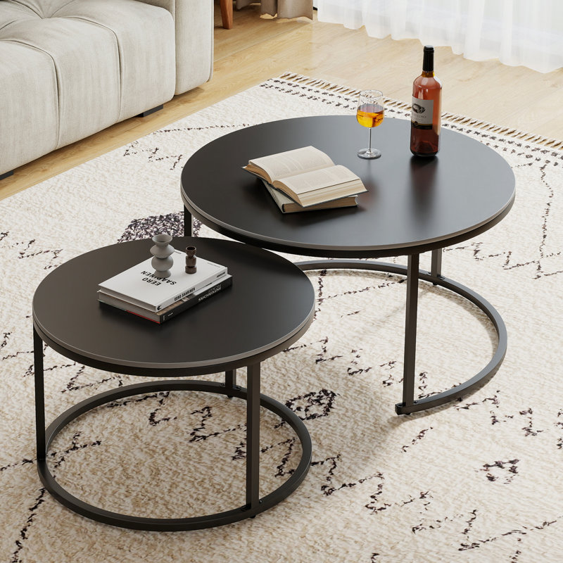 Ensemble de 2 tables basses gigognes en pierre frittée noir mat pour le salon, Noir, H 17,72 po x L 26,77 po x l 26,77 po