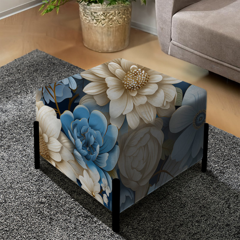 Bouquet blanc et bleu à motif floral Bliss II - repose-pieds carré floral