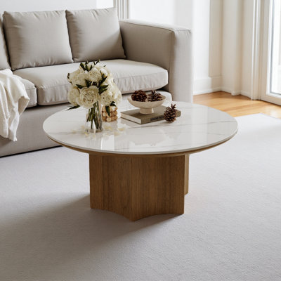 Table basse ronde de 35 po avec base en bois, table basse moderne en pierre frittée
