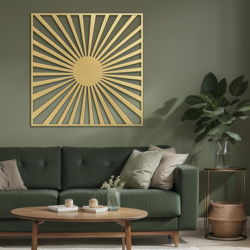Sun Rays Burst, Black Gold Metal Wall Accent, Minimalist Modern Contemporary Home Decor, 30" H x 30" W x 0.05" D, Gold