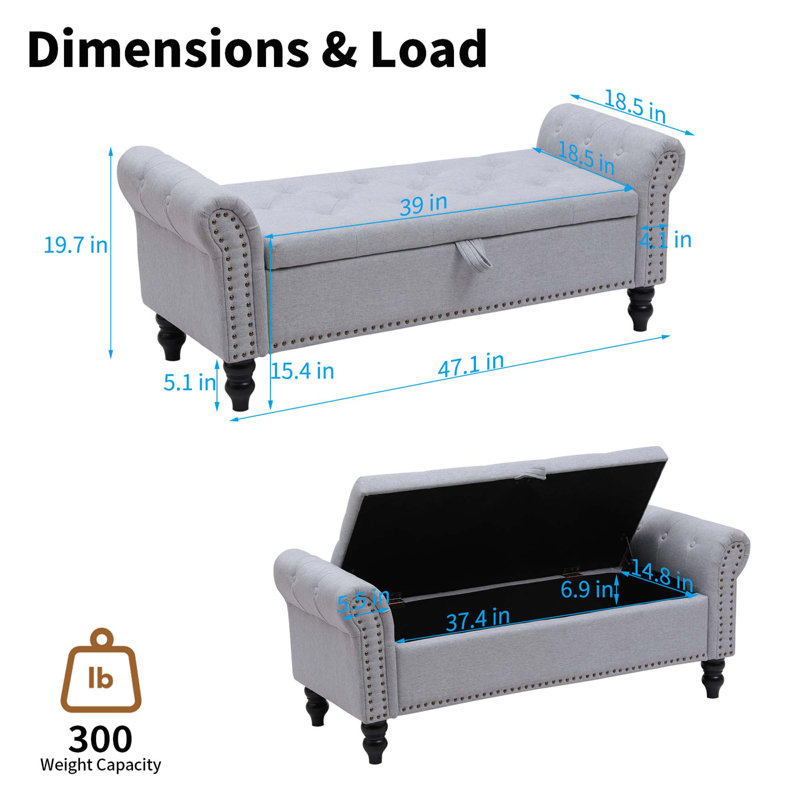 Banc de rangement en tissu, Gris clair, Lin lin